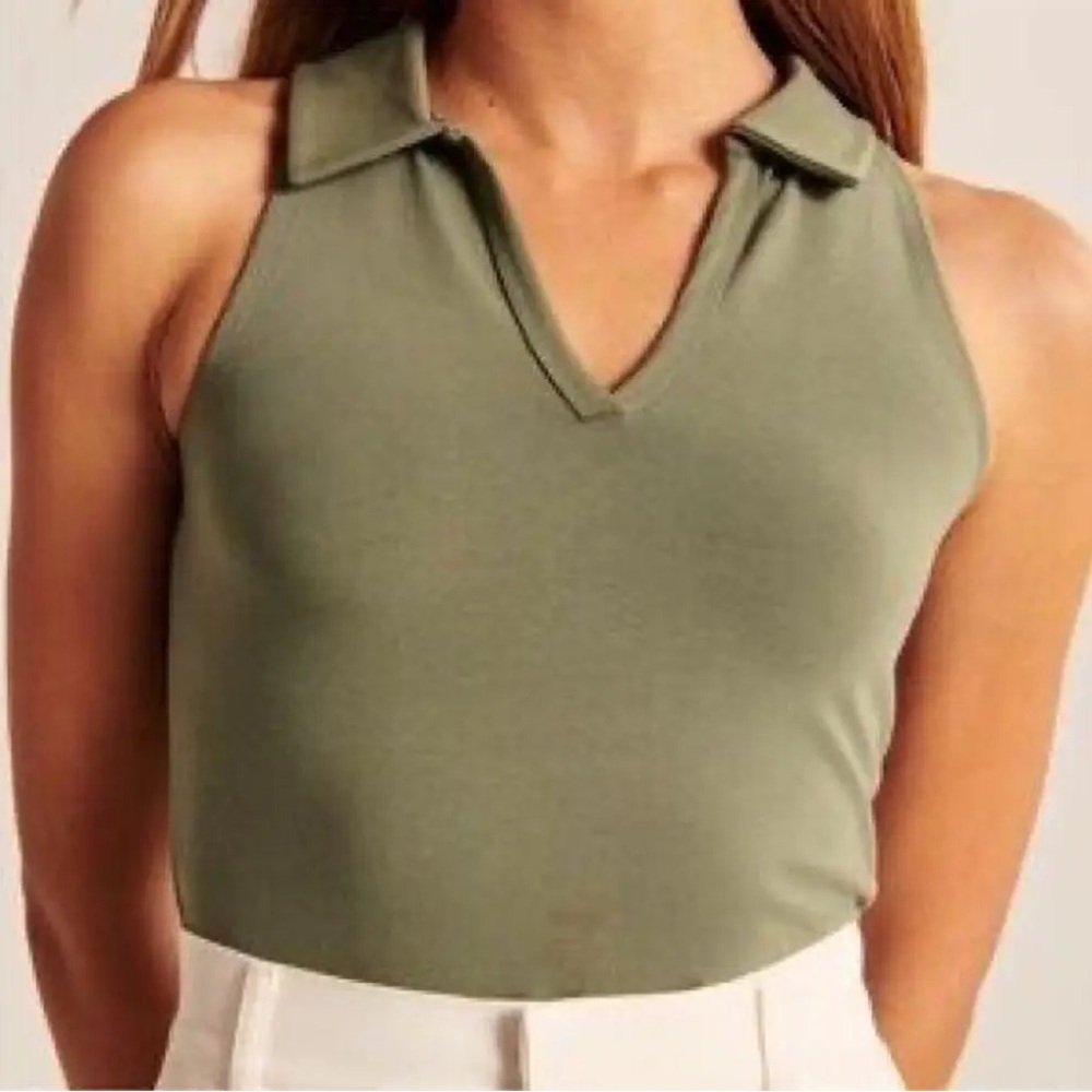 Abercrombie & Fitch Soft A&F Forest Green Cropped Collared Tank Top